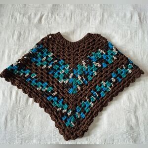 Handcrafted poncho girl's Medium brown multi color block stripe NEW